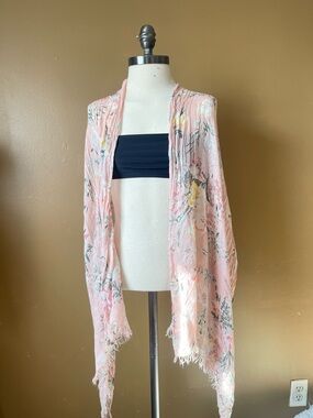 Light Pink Floral Open-Front Shawl Cardigan